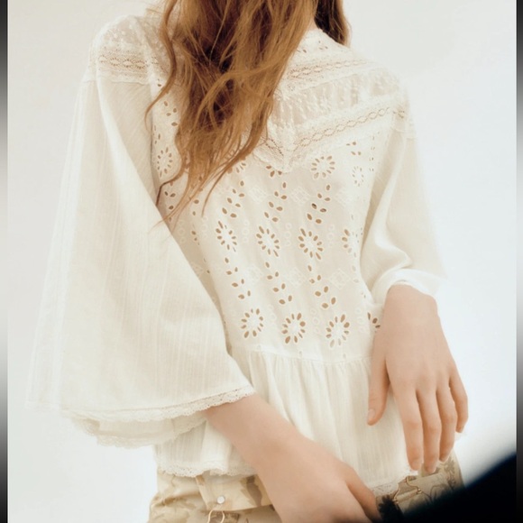 ZARA White Eyelet Lace Blouse | Long Sleeve Peplum Top | Size Large - Picture 2 of 7